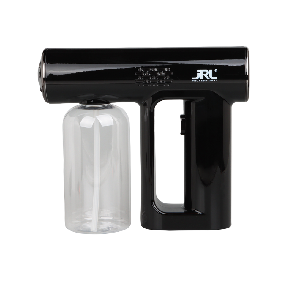 Black handheld device with a clear container on a white background