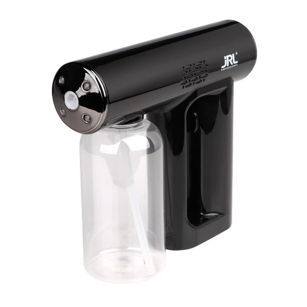 Black handheld device with clear container on a white background