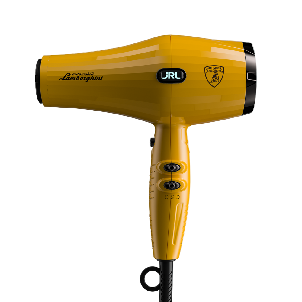 Yellow hair dryer with Lamborghini branding on a white background