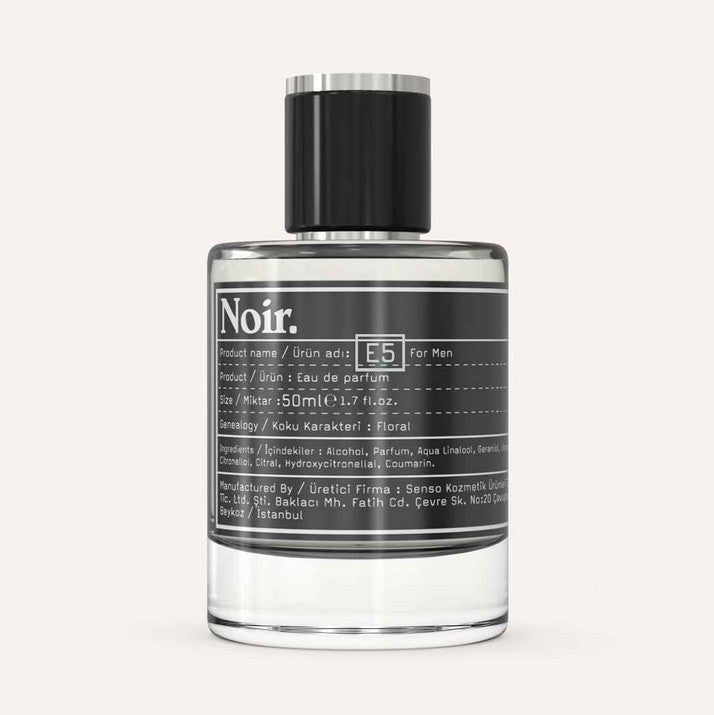 NOIR MAN E5 Eau de Parfum 50 ml – detailed side view of the men’s fresh floral woody perfume bottle