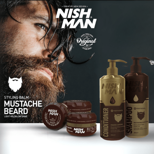 Premium beard care grooming set for men Beard oil and balm grooming kit on a clean background Barber-quality beard care products for daily use