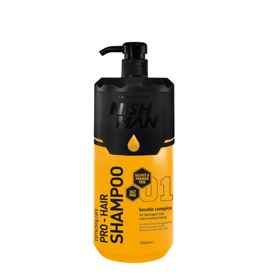 Nish Man shampoo bottle with black and yellow design on a white background