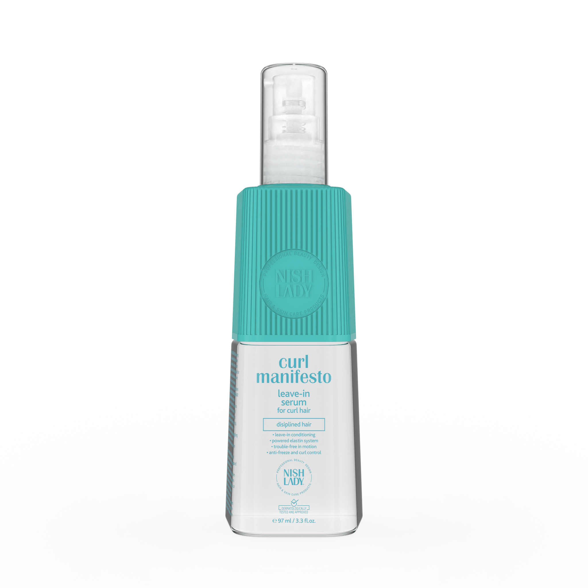NishLady Curl Manifesto Leave-In Serum, 97 ml, kıvırcık saçlar için renk koruyucu bakım ürününün ön yüzü.