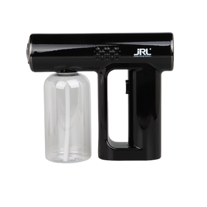 Black handheld device with a clear container on a white background