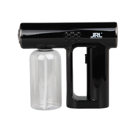Black handheld device with a clear container on a white background