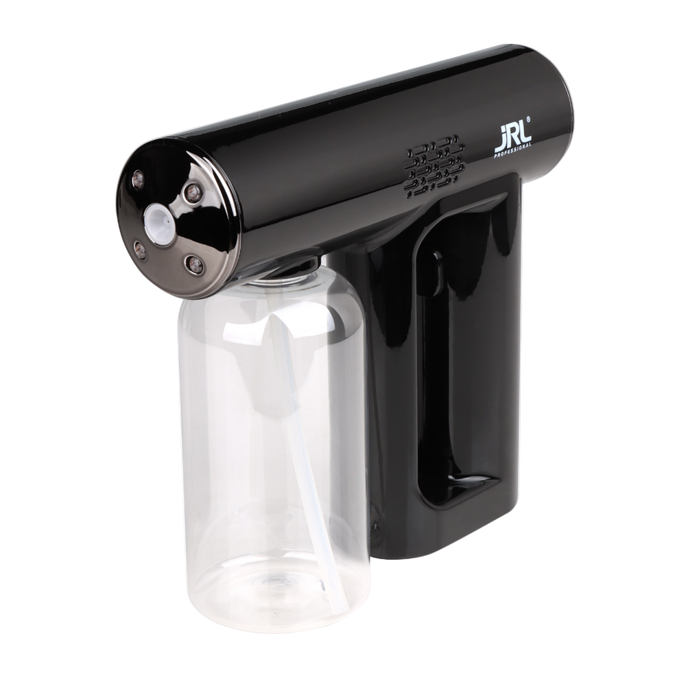 Black handheld device with clear container on a white background