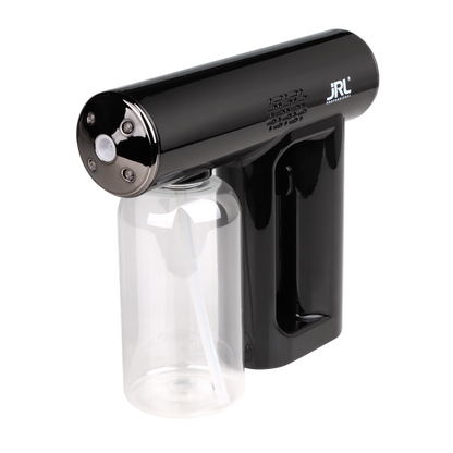 Black handheld device with clear container on a white background