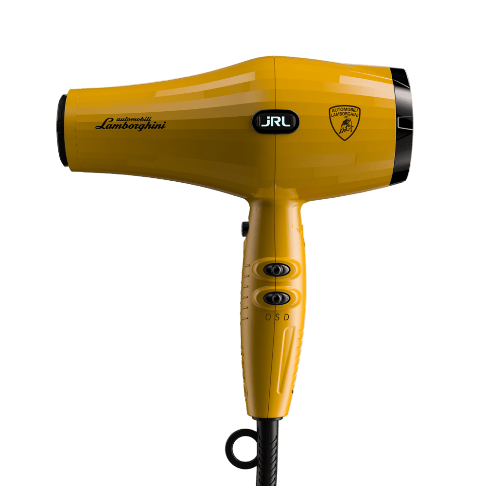 Yellow hair dryer with Lamborghini branding on a white background