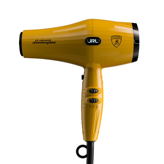 Yellow hair dryer with Lamborghini branding on a white background