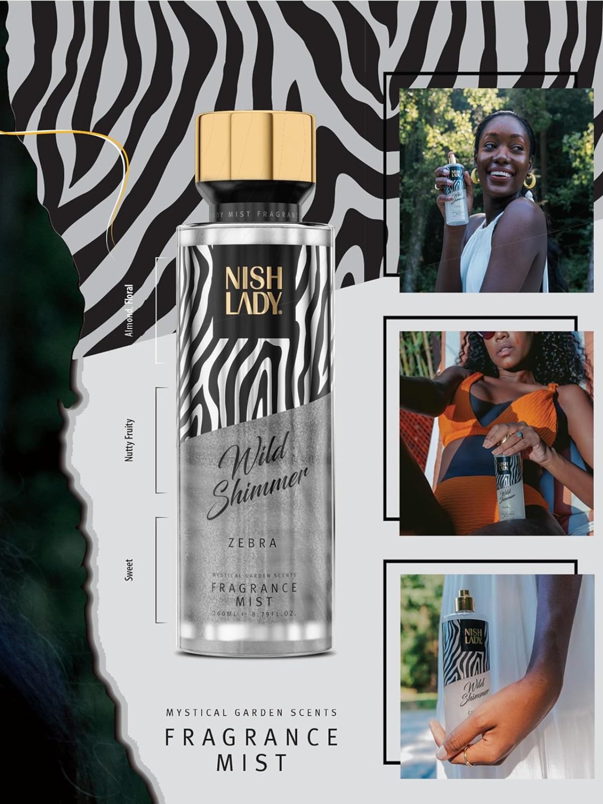 NISH LADY WILD SHIMMER BODY MIST 260 ML – LEOPARD / CROCODILE / ZEBRA SHIMMER COLLECTION