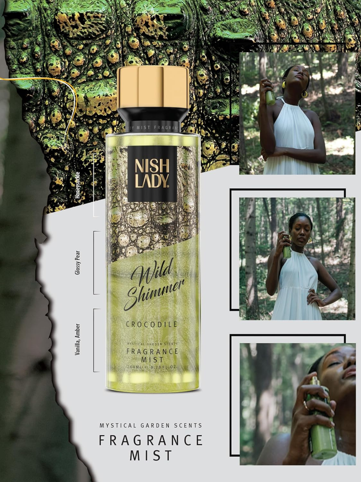 NISH LADY WILD SHIMMER BODY MIST 260 ML – LEOPARD / CROCODILE / ZEBRA SHIMMER COLLECTION