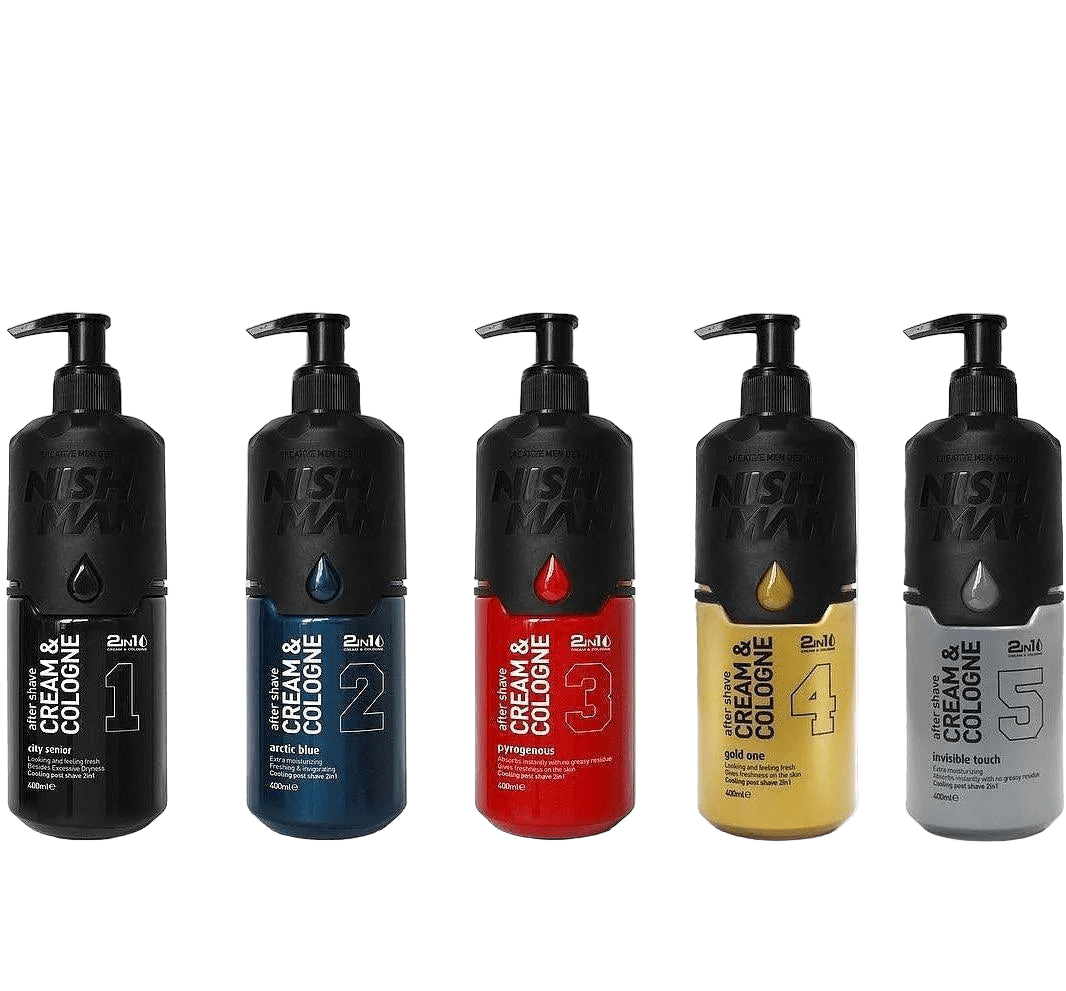 Five bottles of Nishka Cream & Cologne with different colored labels on a white background.