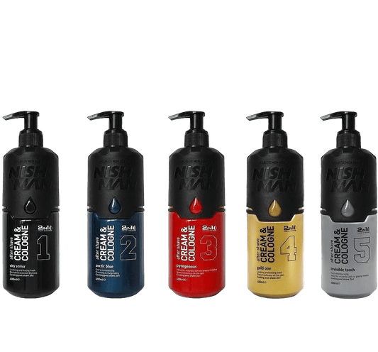 Five bottles of Nishka Cream & Cologne with different colored labels on a white background.