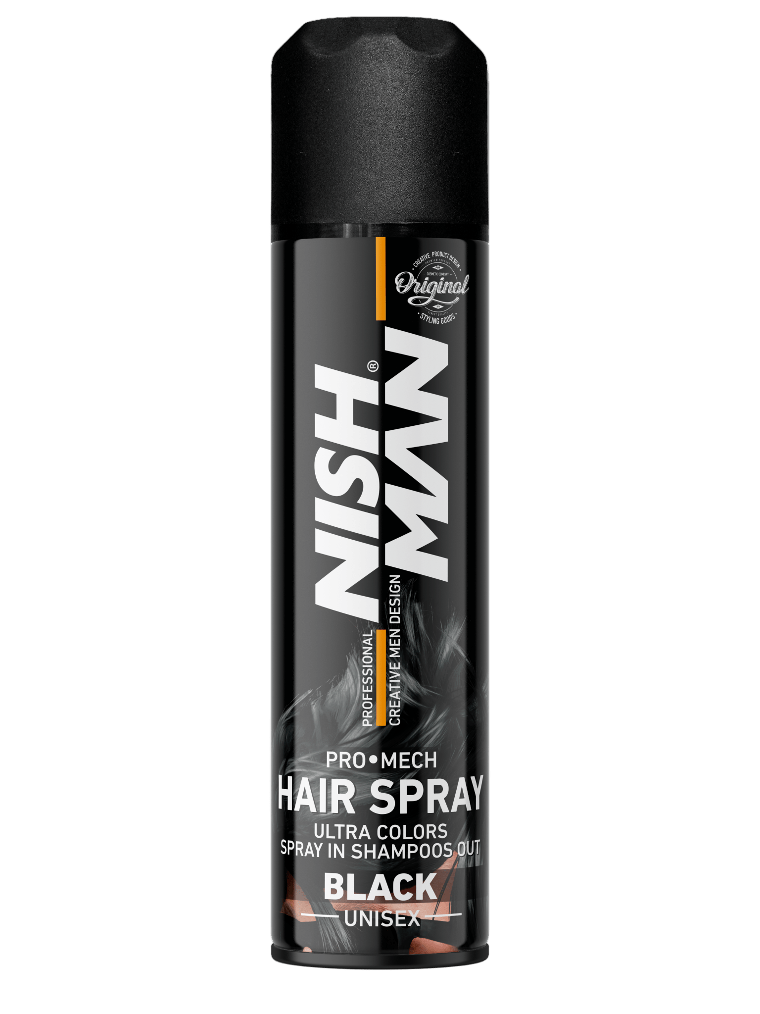 Nish Man hair spray can on a white background