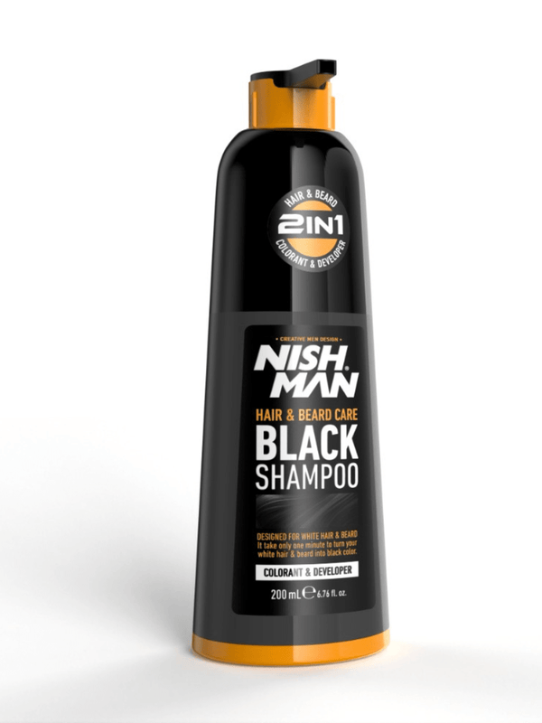 NISHMAN Black Shampoo 200ml for hair, beard, and mustache, featuring black color shampoo in a sleek bottle.