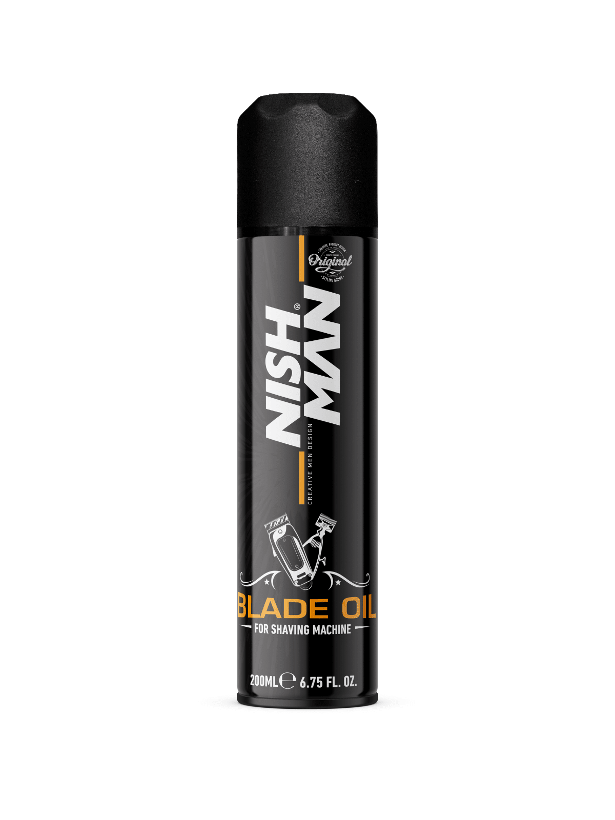 NISHMAN tıraş makinesi bıçak yağı, 200 ml, şeffaf şişede ve damlalıklı uygulama ucu ile gösteriliyor.