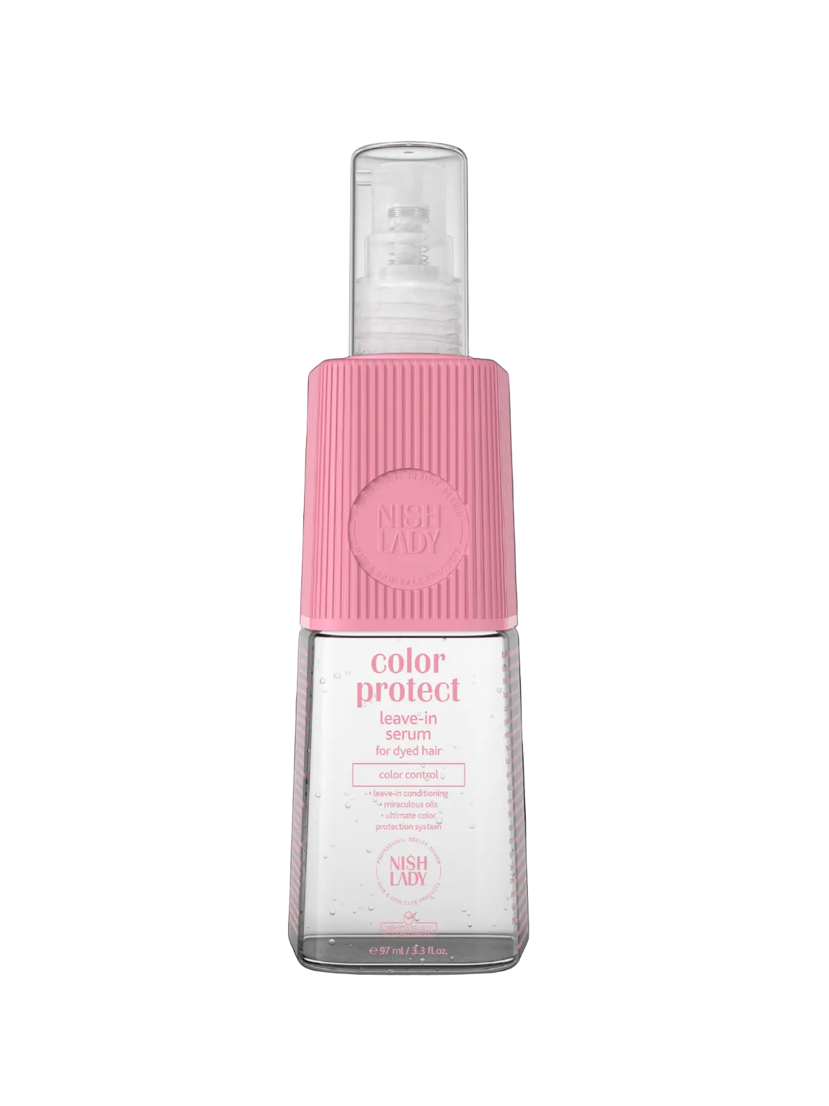 Pink and clear bottle of color protect hair spray on a white background