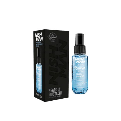 Nish Man beard and mustache product packaging on a white background