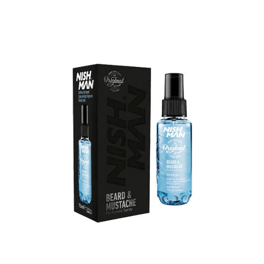 Nish Man beard and mustache product packaging on a white background