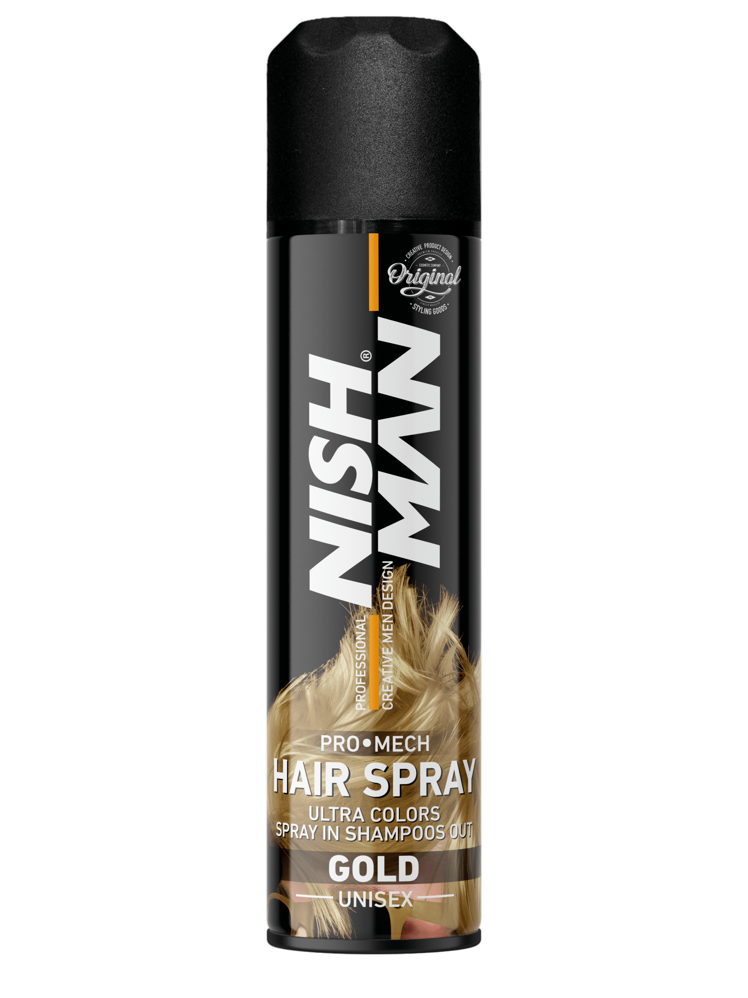 Nish Man hair spray can on a white background
