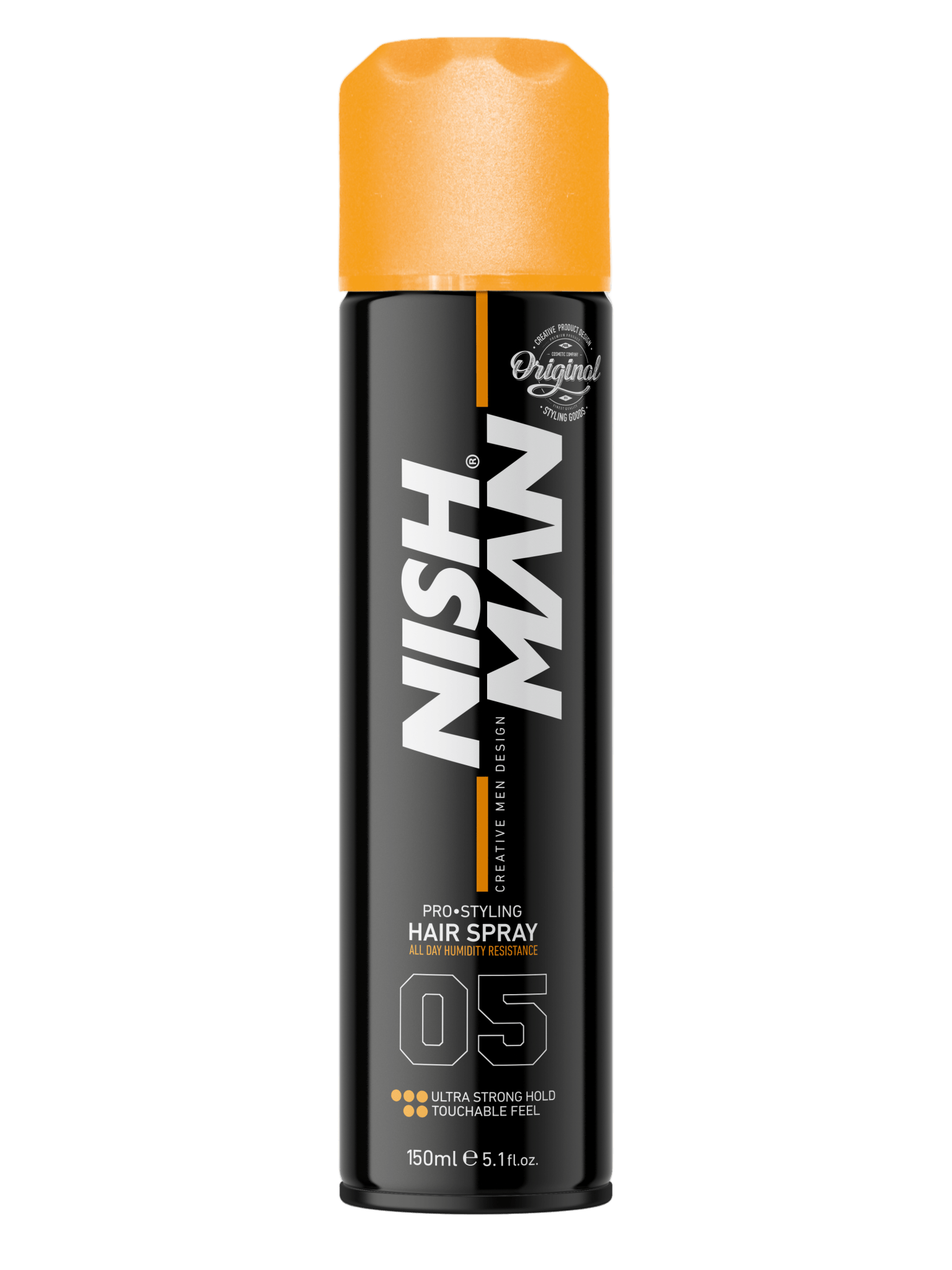 Nish Man hair spray can with orange top on a white background