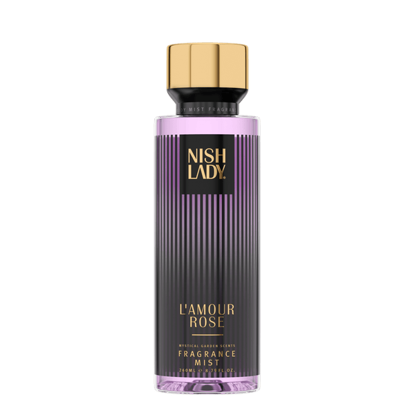 NISHLADY L’amour Rose vücut spreyi, 260ml, zarif gül kokusu ve şişe tasarımıyla gösteriliyor.