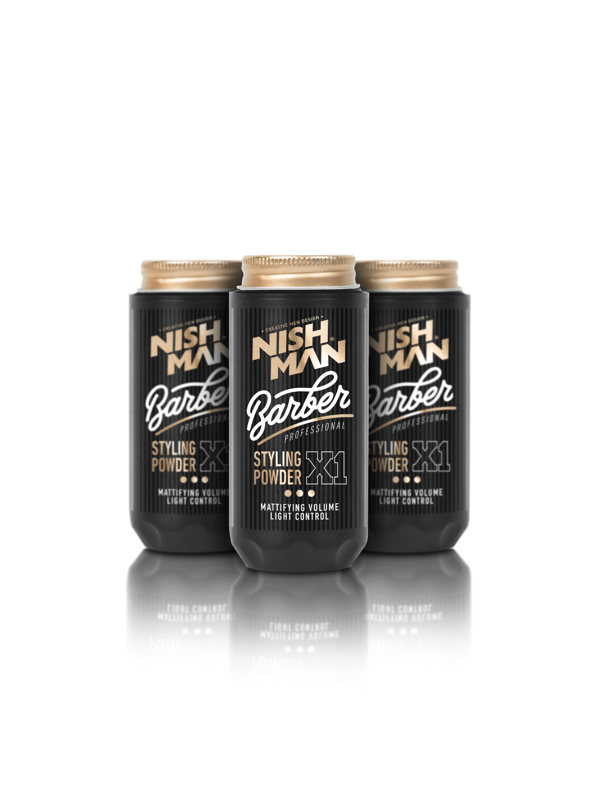 Three bottles of Nish Man Barber styling powder on a white background