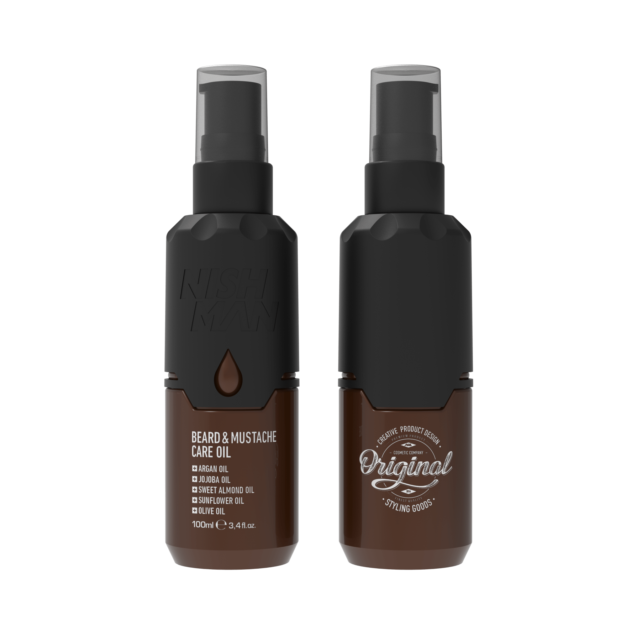 Two bottles of beard and mustache care oil on a white background