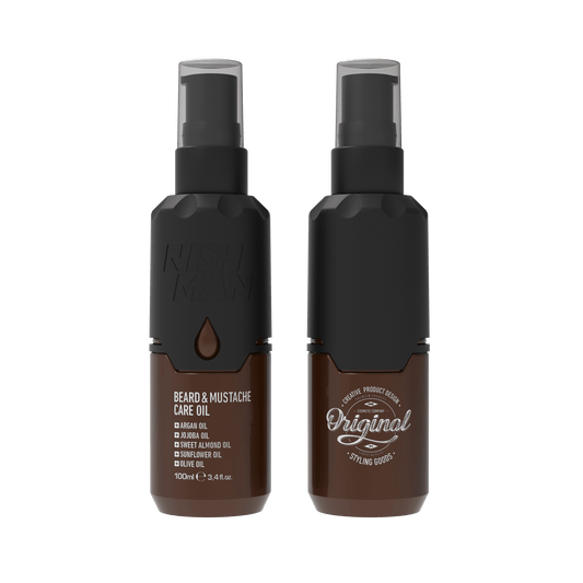Two bottles of beard and mustache care oil on a white background