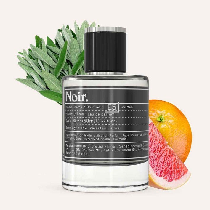 NOIR MAN E5 Eau de Parfum 50 ml – men’s fresh floral woody perfume bottle with citrus and sage notes