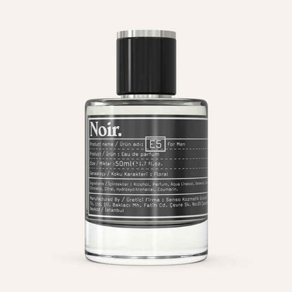 NOIR MAN E5 Eau de Parfum 50 ml – detailed side view of the men’s fresh floral woody perfume bottle