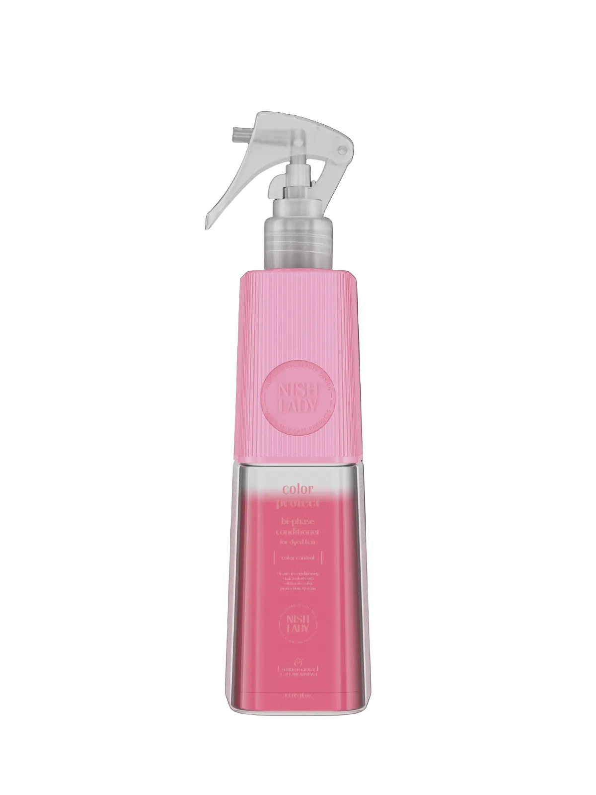 Pink spray bottle with a clear label on a black background