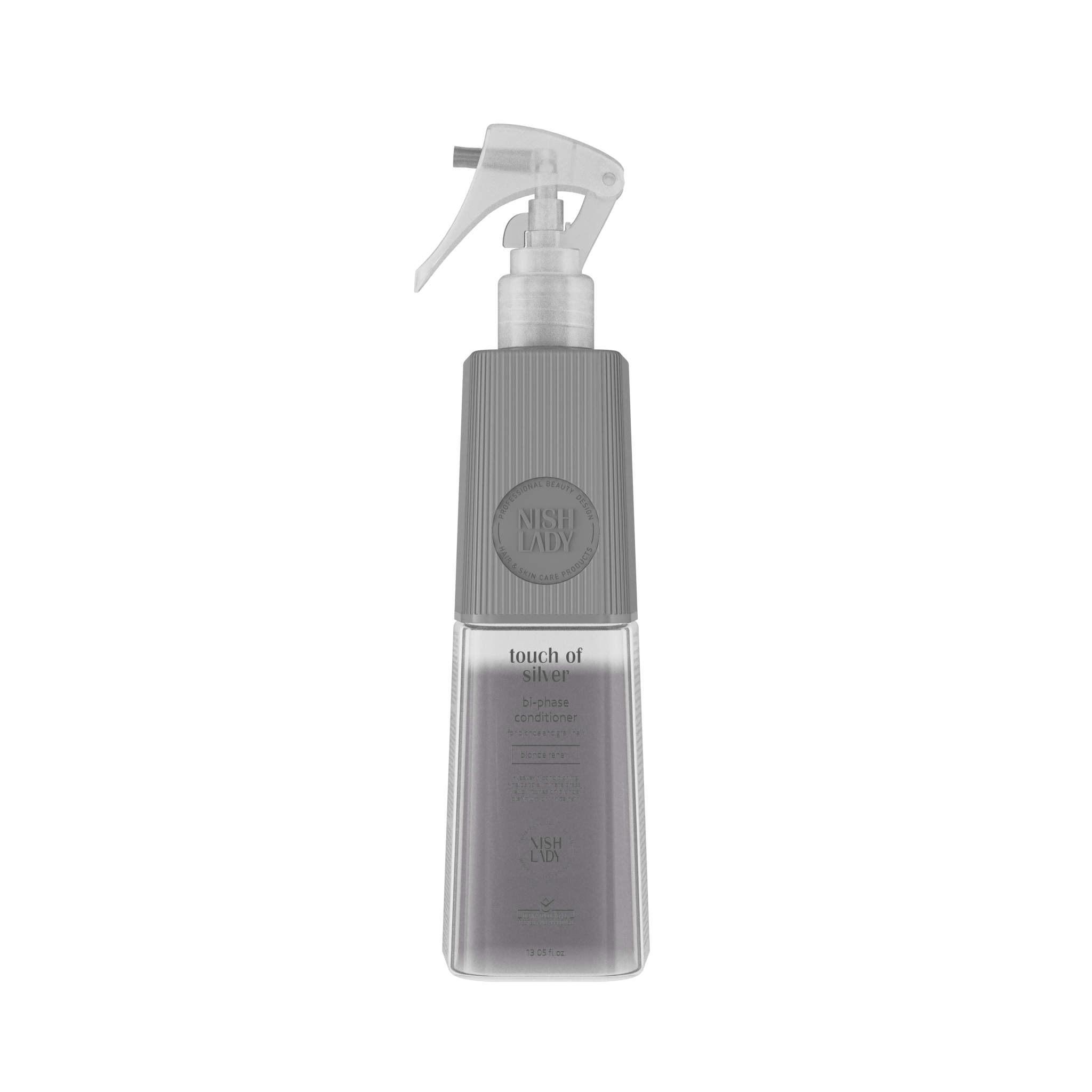 NishLady Bi-Phase Saç Kremi Touch of Silver, 386 ml, şişe üzerinde ürün şişesi ve etiket detayları görülüyor.