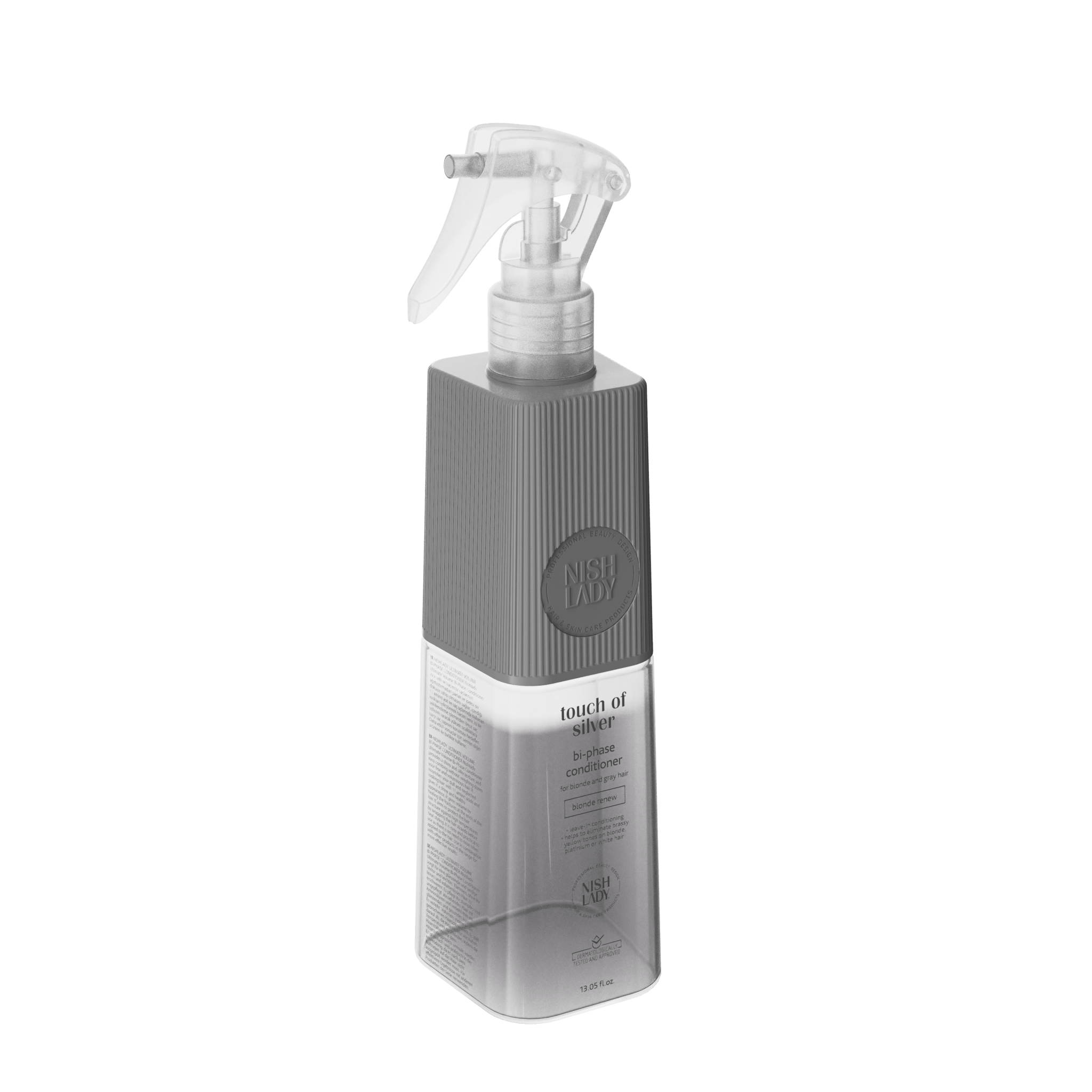 NishLady Bi-Phase Saç Kremi Touch of Silver, 386 ml, şişe ve ürünün yakın çekim perspektifi.