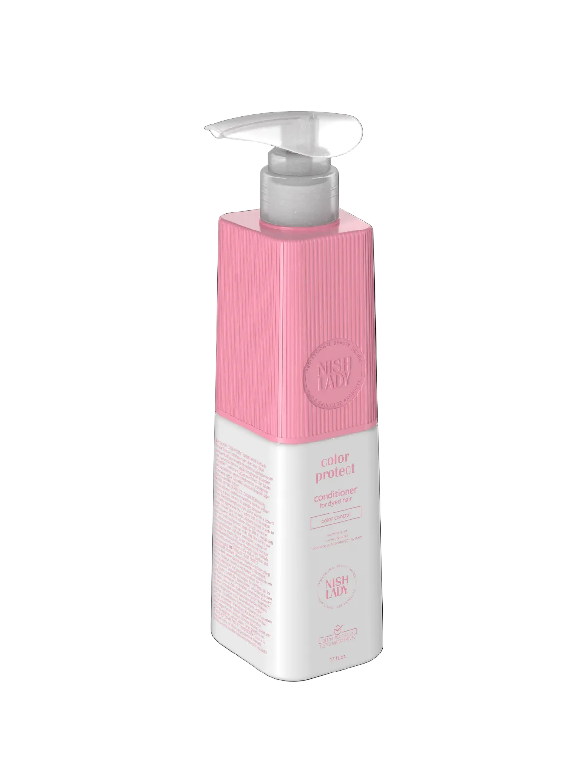 Pink and white bottle with pump dispenser on a black background