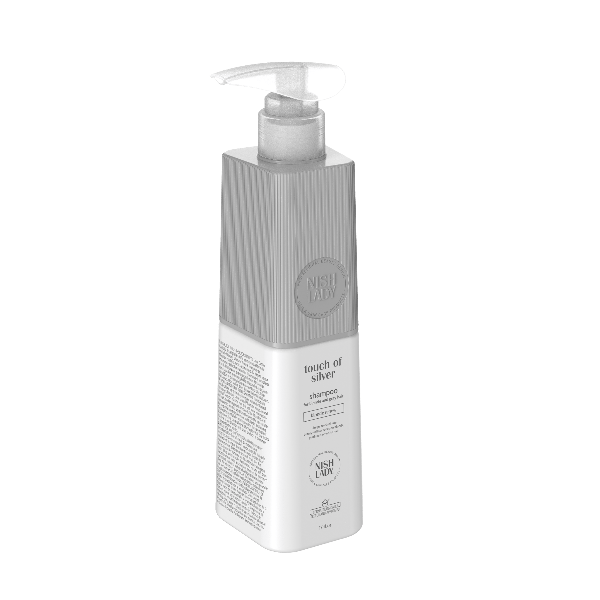 NishLady Touch of Silver şampuan şişesi, 503ml, gümüş tonlarını koruyan ve parlaklık sağlayan saç şampuanı.