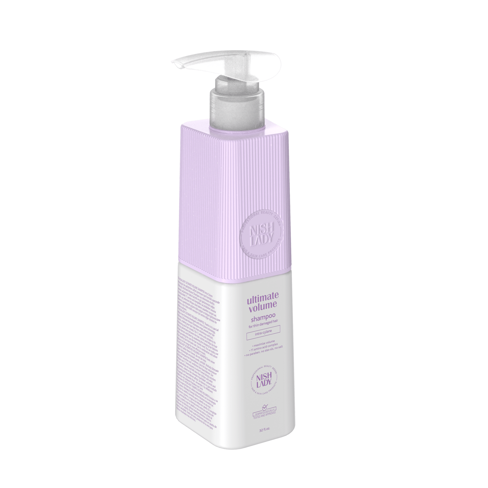 NishLady Ultimate Volume şampuan şişesi, 503 ml, parlak ve hacimli saçlar için doğal görünüm sağlayan şampuan.