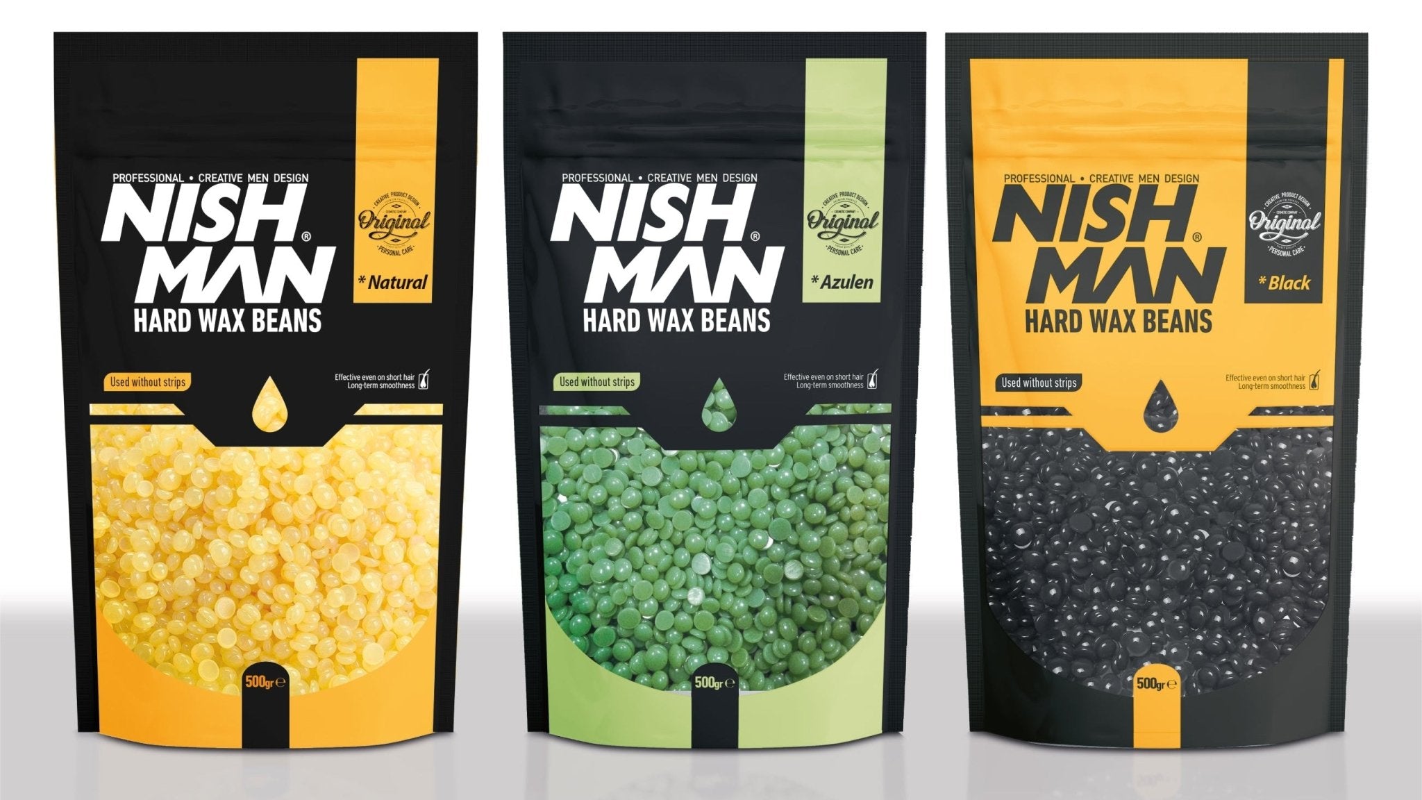 Three packages of Nish Man hard wax beans in different colors on a white background