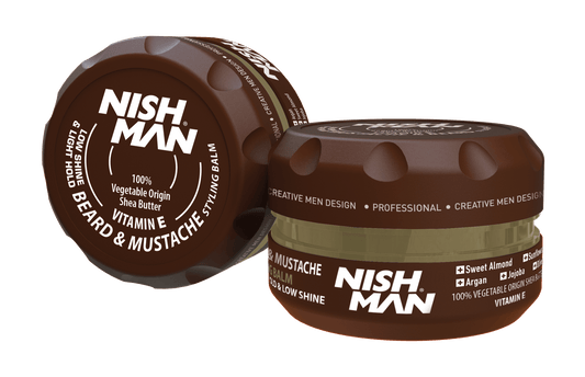 Two jars of Nish Man beard and mustache styling balm on a white background