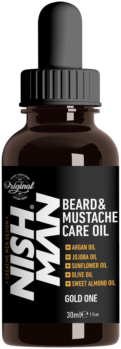 Bottle of Nish Man Beard & Mustache Care Oil with dropper on a white background