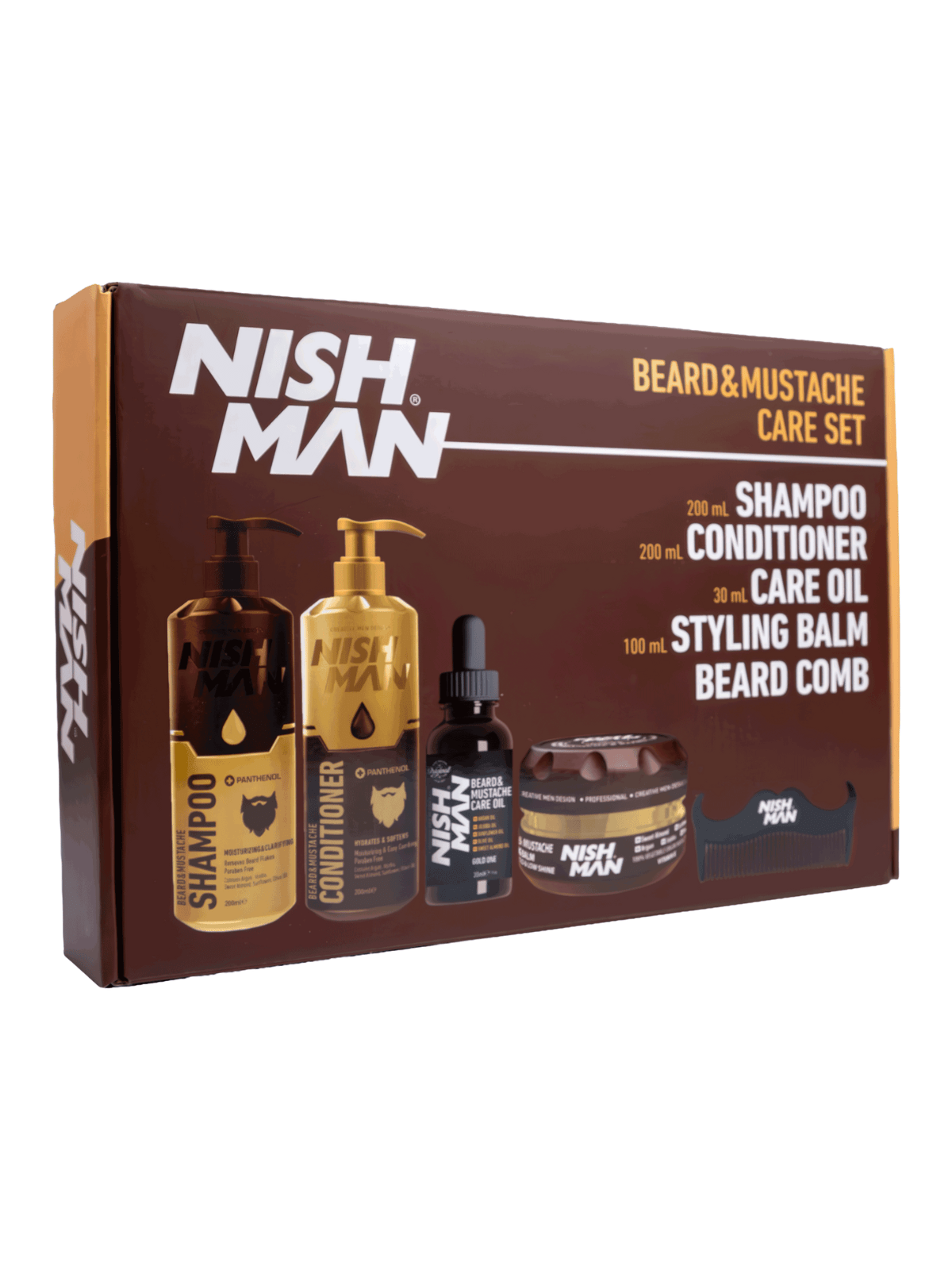 Nish Man beard and mustache care set packaging on a white background