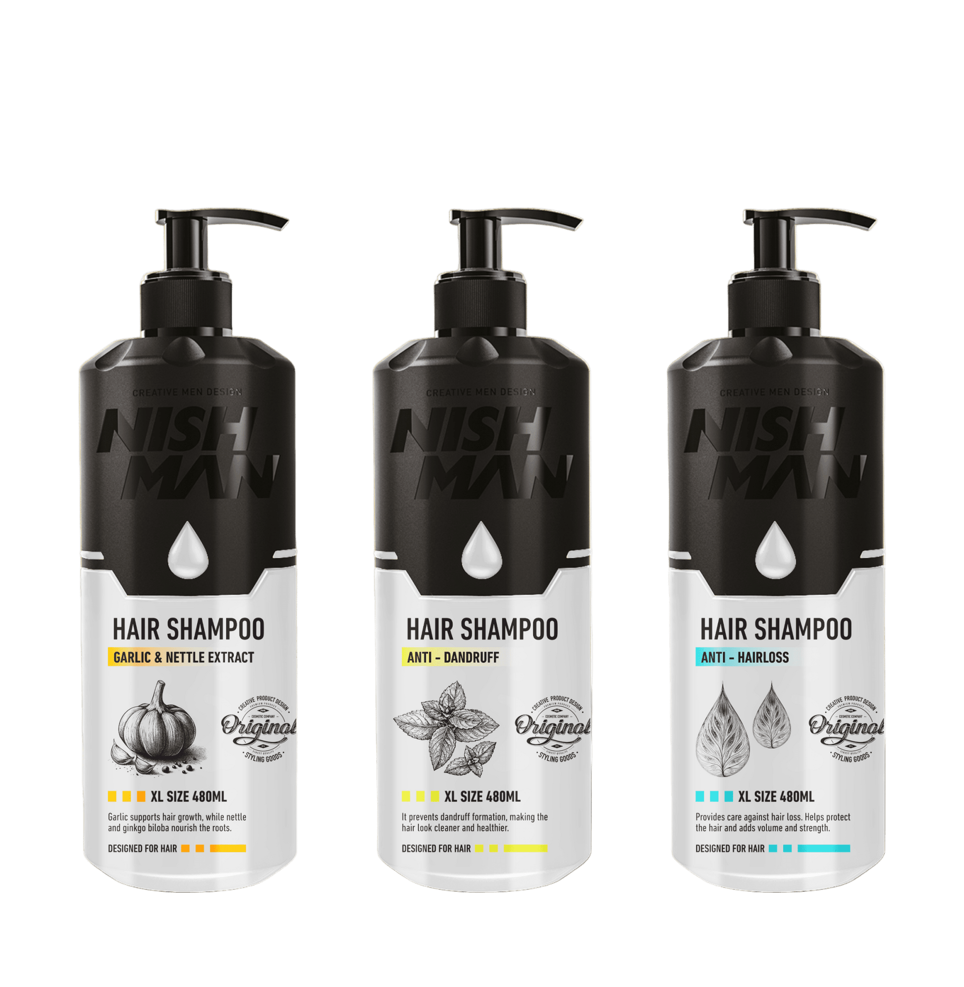Three bottles of Nish Man hair shampoo on a white background
