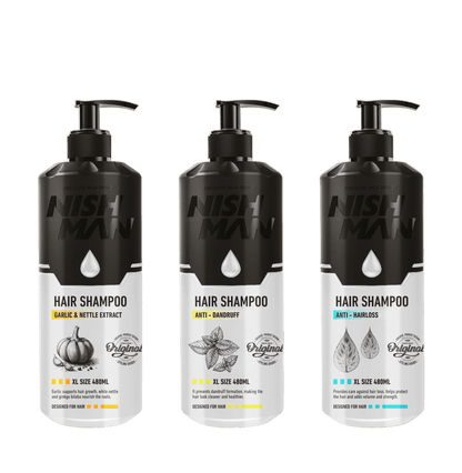 Three bottles of Nish Man hair shampoo on a white background