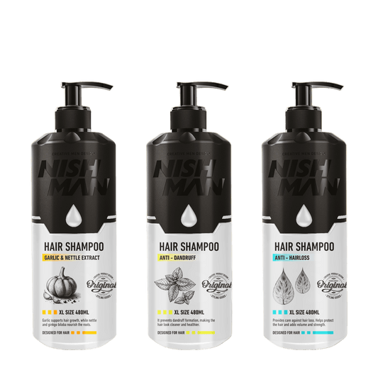 Three bottles of Nish Man hair shampoo on a white background