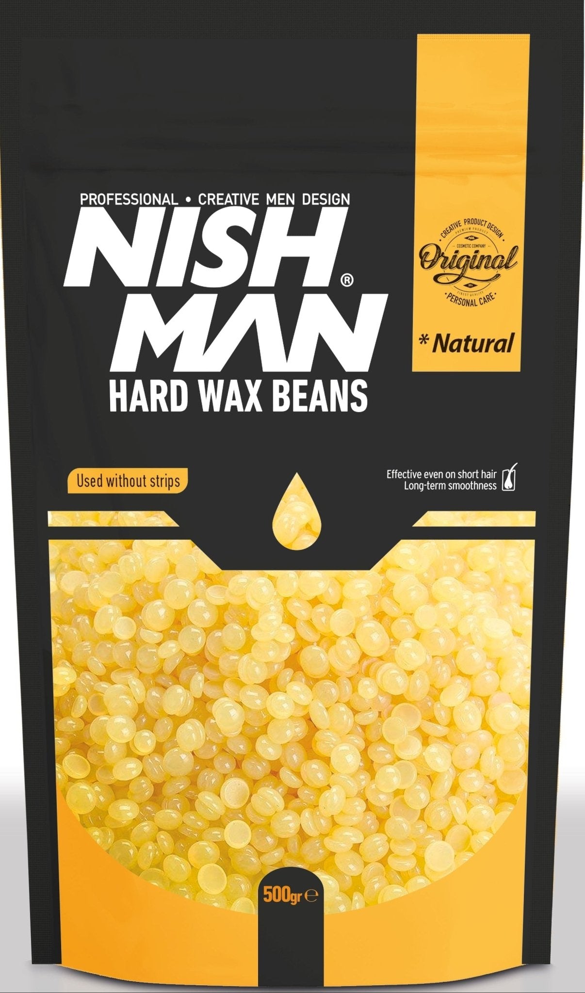 Nish Man hard wax beans packaging with black and yellow design