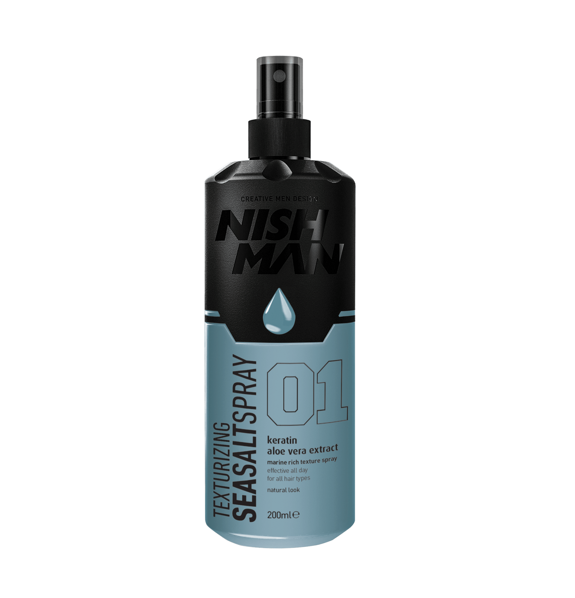 Nish Man texturizing sea salt spray bottle on a white background