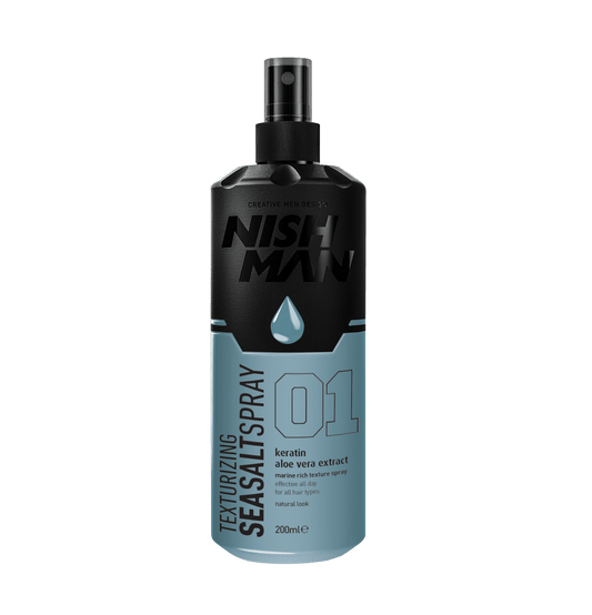Nish Man texturizing sea salt spray bottle on a white background