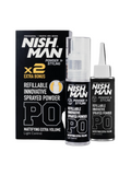 Nish Man powder styling products including packaging and two bottles on a black background
