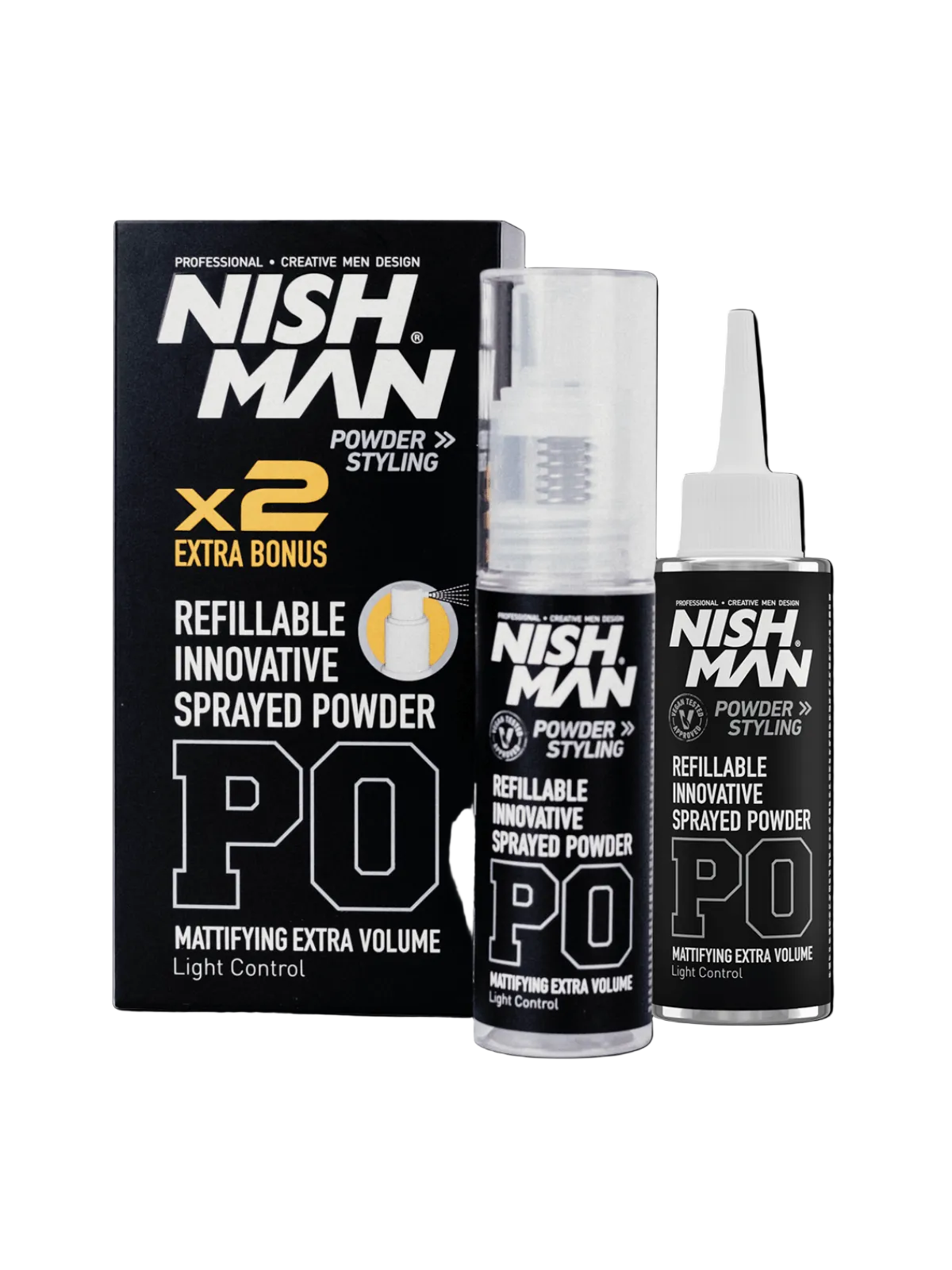 Nish Man powder styling products including packaging and two bottles on a black background