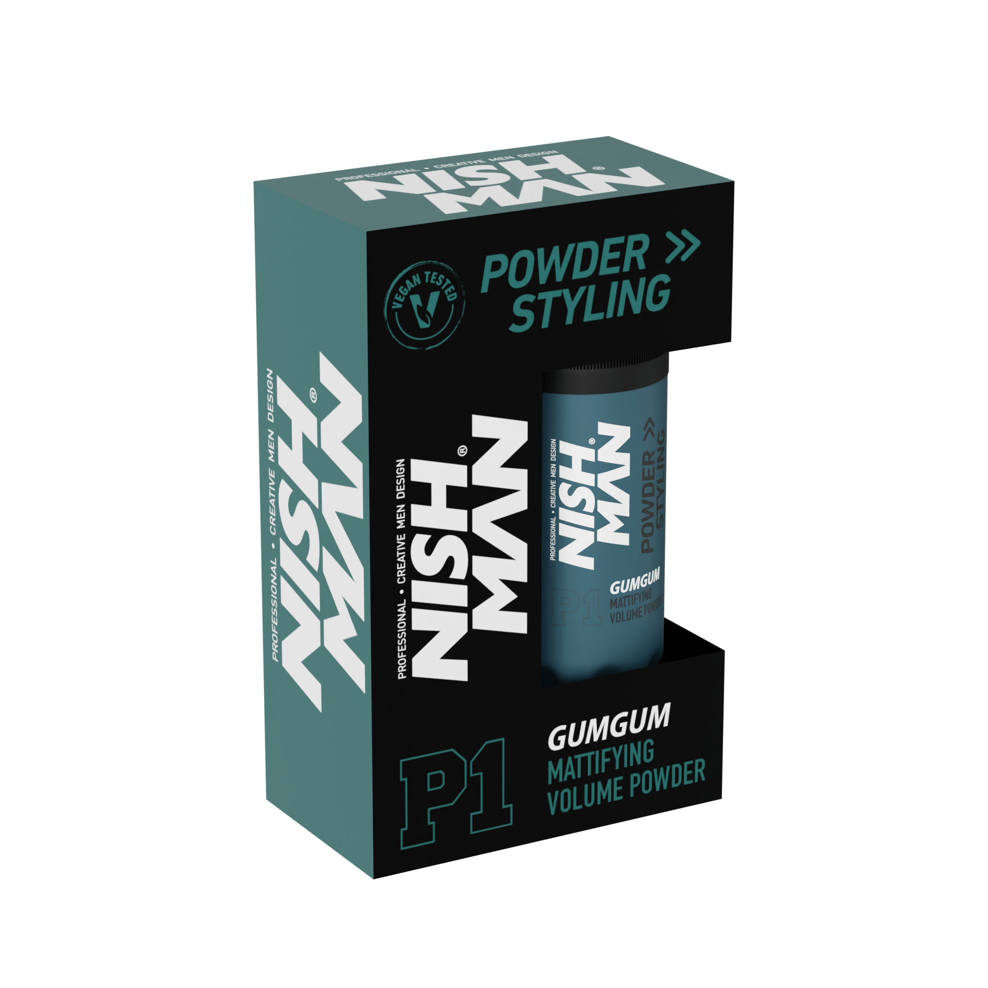 Nish Man powder styling product packaging on a white background